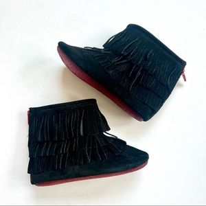Black suede fringe soft sole red boots with red zippers